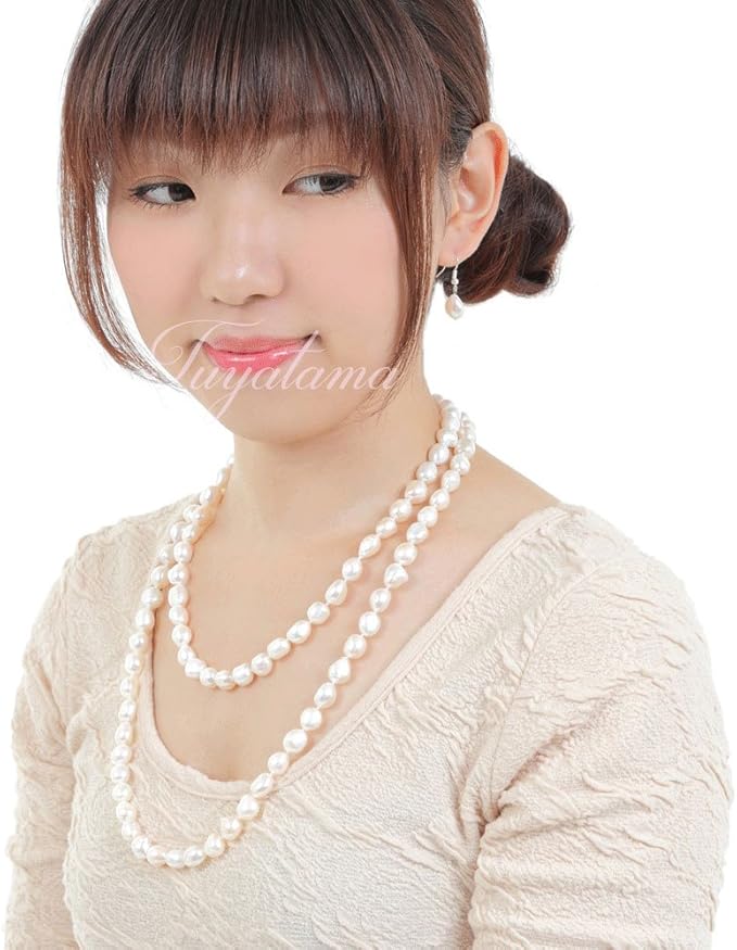 [つやたま] 本真珠バロックネックレスセット（イヤリング又はピアス） ロング130ｃｍ 大粒10-10.5mm 冠婚用 品質保証