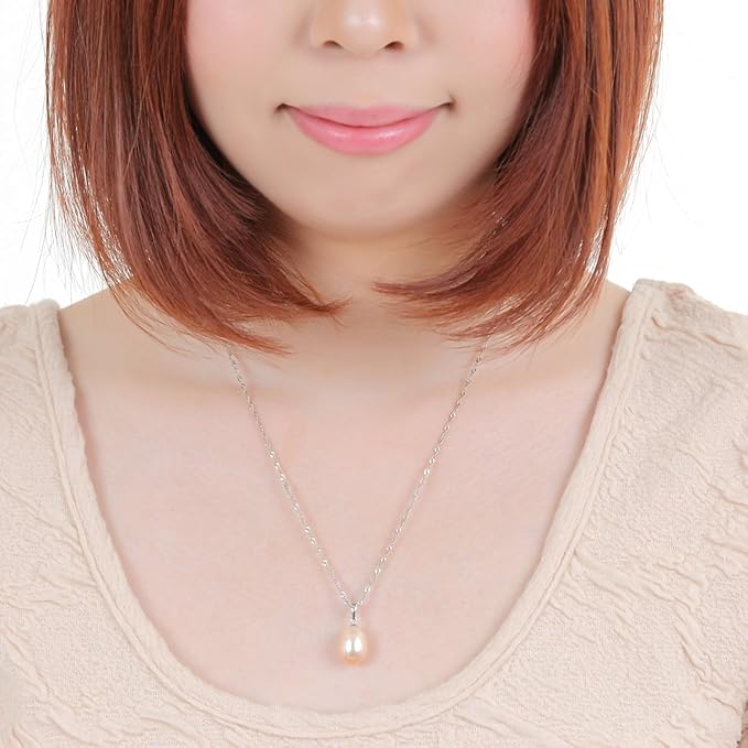 本真珠ネックレス 大粒9.5-10ｍ ドロップ型 一粒真珠ペンダント 　イエローピンク シルバー925 一粒パールネックレス