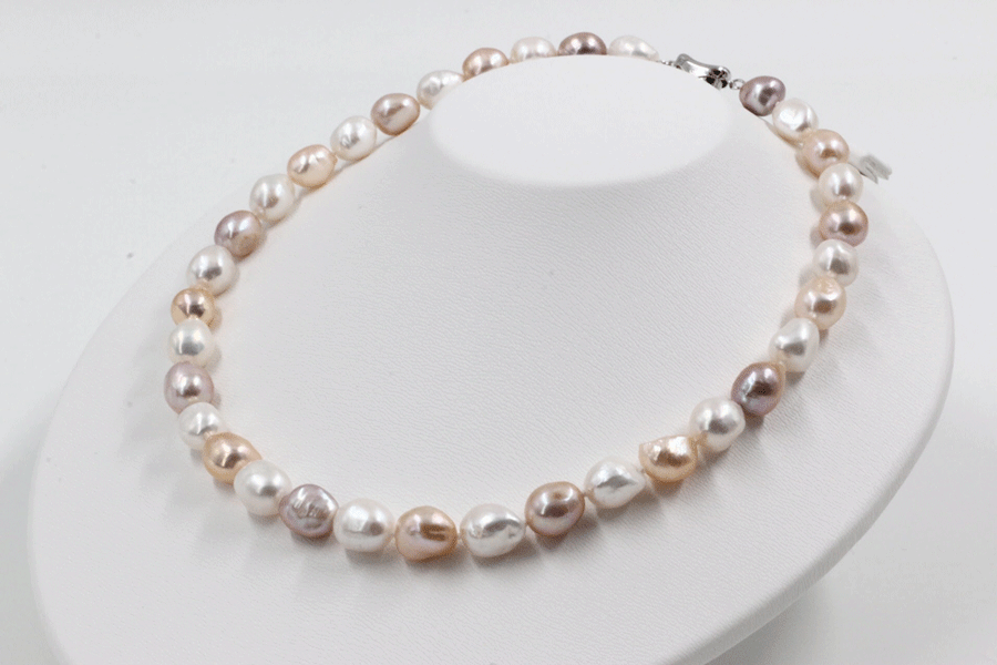 品質保証】 本真珠マルチカラー　バロックネックレス＆イヤリングセットまたはピアスセット 大粒 9.5-10.5mm 冠婚用