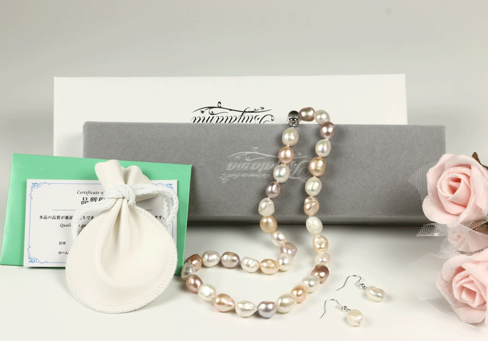 品質保証】 本真珠マルチカラー　バロックネックレス＆イヤリングセットまたはピアスセット 大粒 9.5-10.5mm 冠婚用