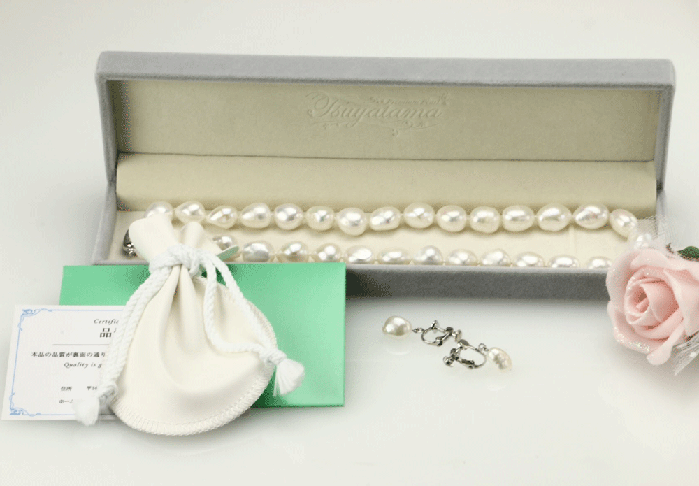 [つやたま] 【品質保証】 本真珠バロックネックレス＆ピアスセット（またはイヤリングセット） 大粒 9-10mm 冠婚用