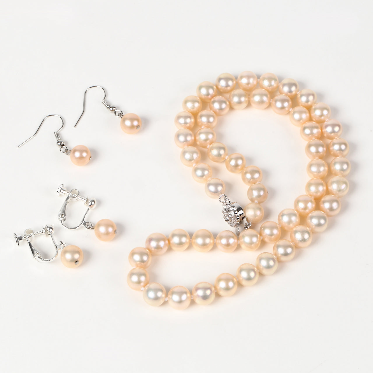 つやたま真珠 本真珠ネックレス＆ピアスorイヤリングセット　ピンクカラー 7.5-8.0mm ハートキーパーボックス付