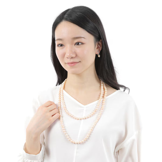 つやたま真珠　卒業式　入学式　 本真珠ネックレス135cm　ロングピンクパールネックレス 8mm珠 本真珠 （ピアスorイヤリング）セット