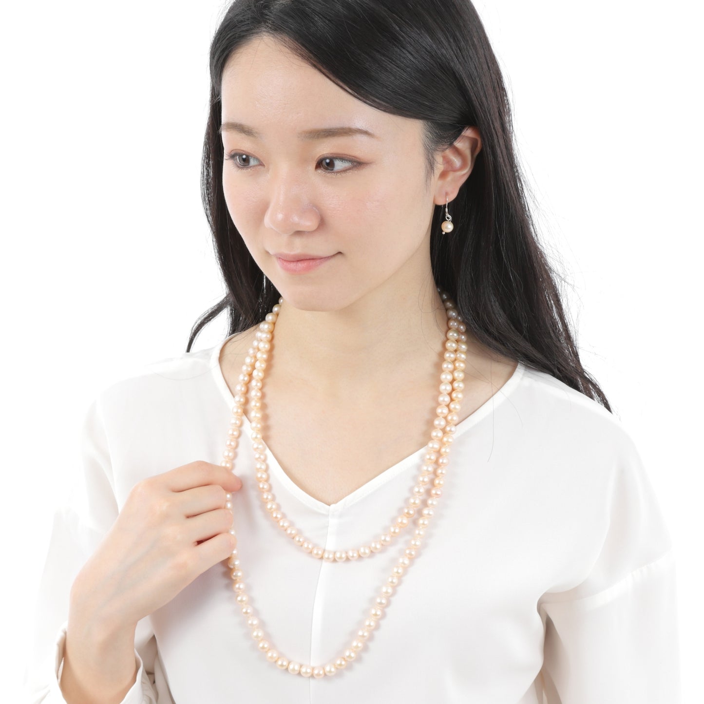 つやたま真珠　卒業式　入学式　 本真珠ネックレス135cm　ロングピンクパールネックレス 8mm珠 本真珠 （ピアスorイヤリング）セット