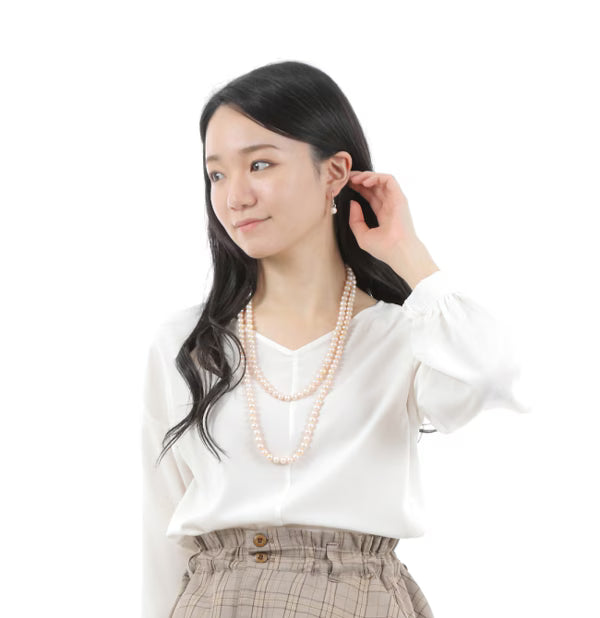 つやたま真珠　卒業式　入学式　 本真珠ネックレス135cm　ロングピンクパールネックレス 8mm珠 本真珠 （ピアスorイヤリング）セット