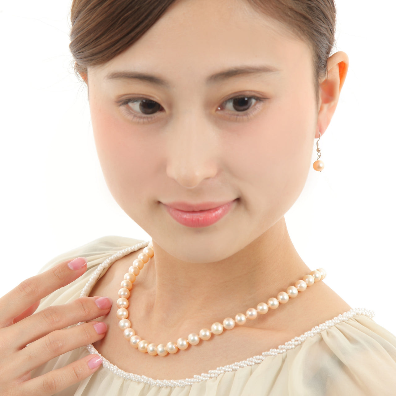 つやたま真珠 本真珠ネックレス＆ピアスorイヤリングセット　ピンクカラー 7.5-8.0mm ハートキーパーボックス付