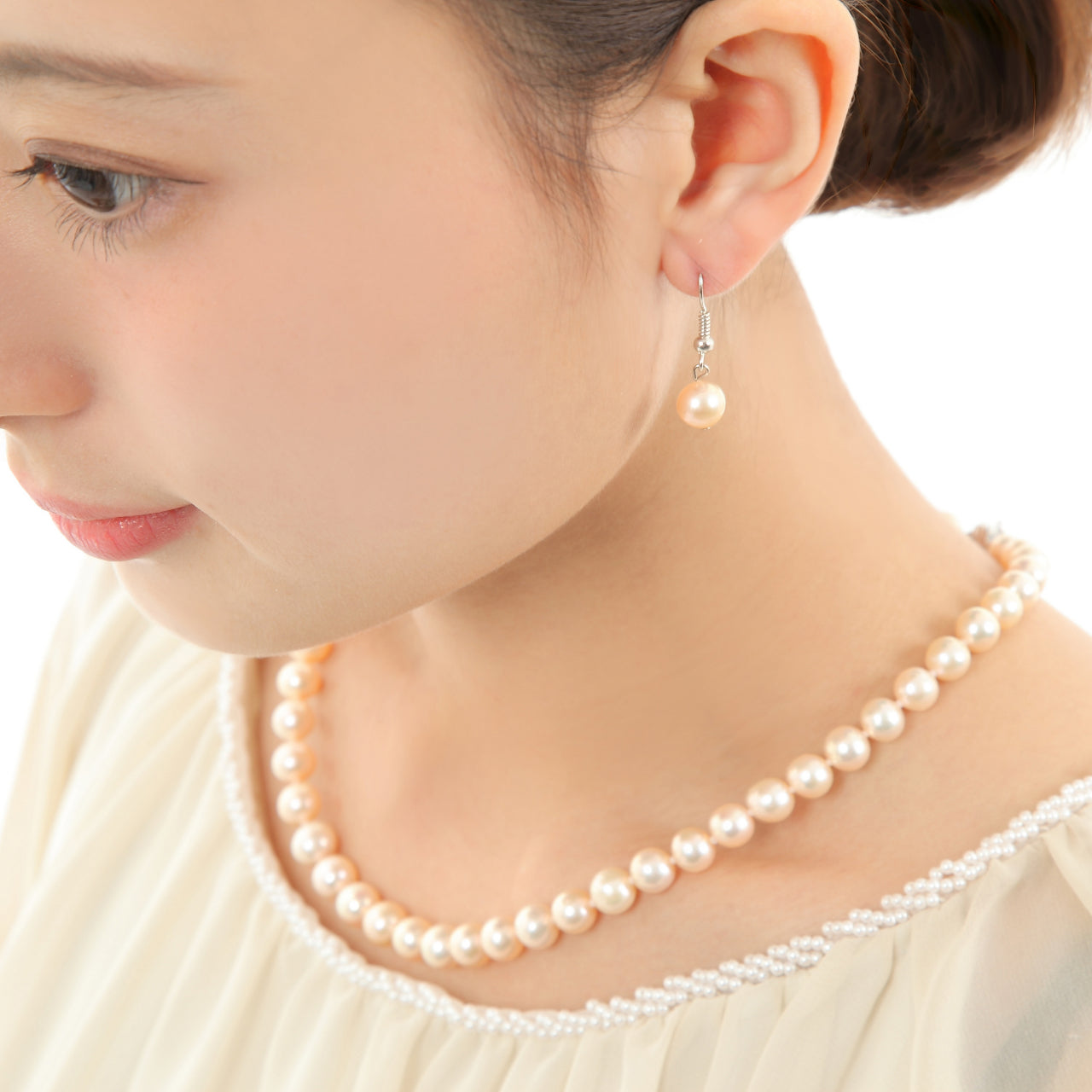 つやたま真珠 本真珠ネックレス＆ピアスorイヤリングセット　ピンクカラー 7.5-8.0mm ハートキーパーボックス付