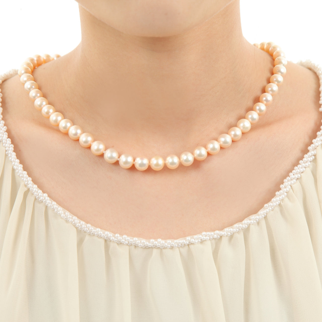 つやたま真珠 本真珠ネックレス＆ピアスorイヤリングセット　ピンクカラー 7.5-8.0mm ハートキーパーボックス付